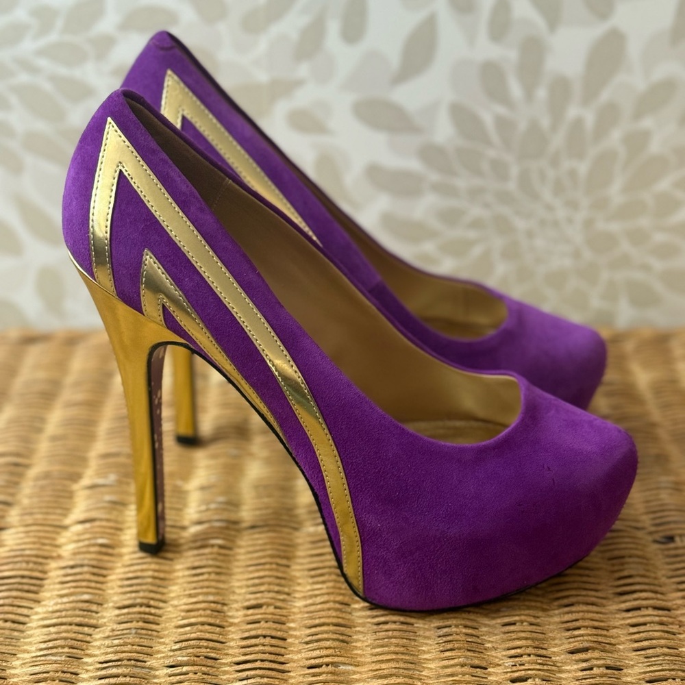 Taylor Says Women’s 9 Blondie Purple Suede Gold Platform Pumps Stiletto Heels